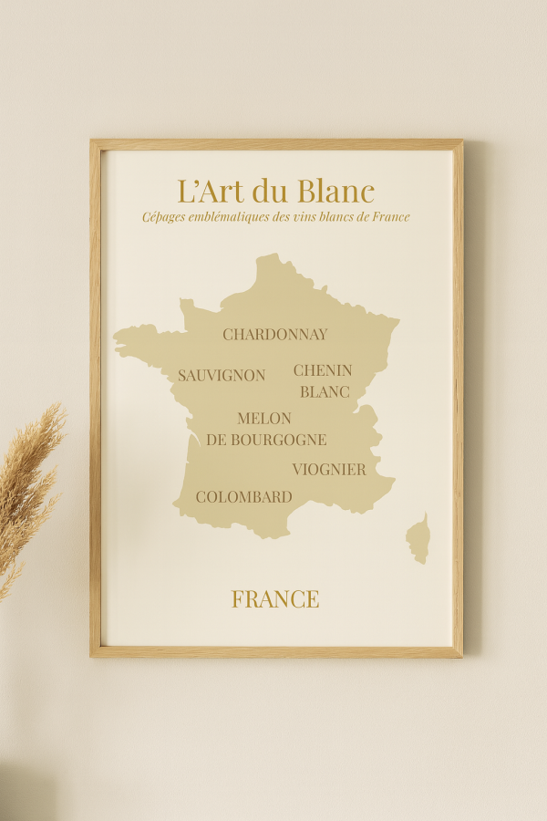 l’art du blanc – affiche cépages de vin blanc en france (format a3)
